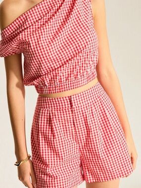 COMMENSE Gingham One-Shoulder Top and Shorts Set